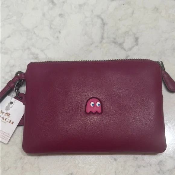 Coach Burgundy Wristlet with Pink Pac Man - Picture 2 of 7
